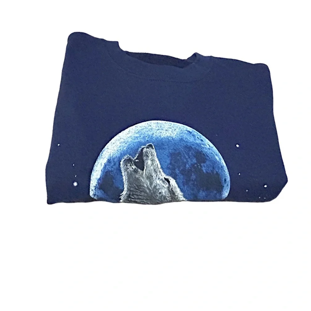 Vintage Jerzees Lone Wolf Moon Graphic Sweatshirt Size L Navy - Picture 6 of 13
